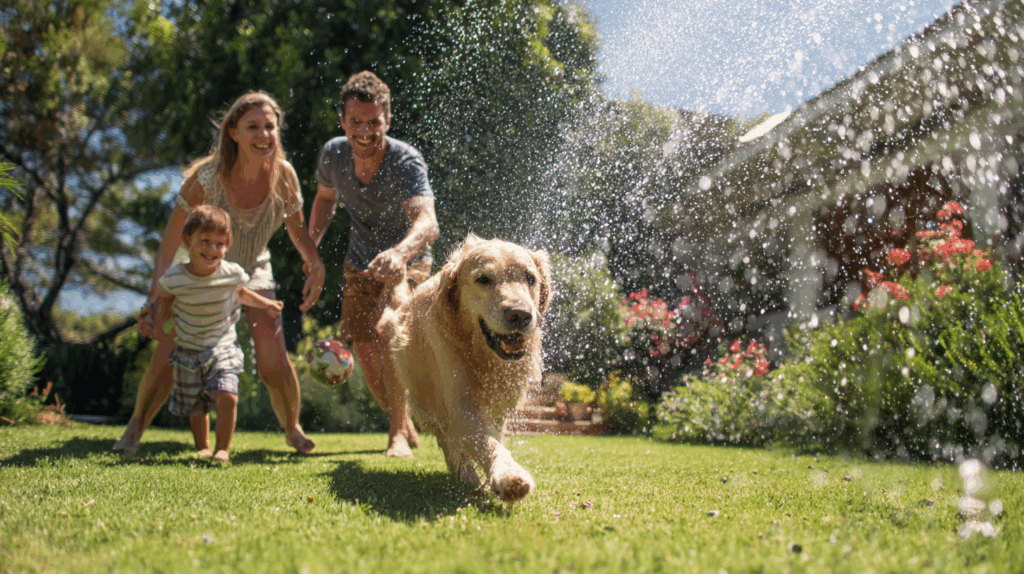 Local Pasadena family running through sprinkler